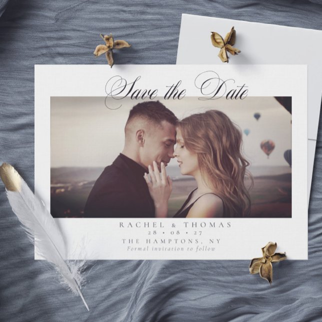 Elegantes Kalligrafisches Foto Schwarz-weiß Hochze Save The Date (Elegant Calligraphy Photo Black White Wedding Save The Date)