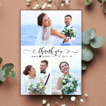 Elegantes Kalligrafisches Skript Hochzeit 3 FotoCo Dankeskarte<br><div class="desc">Moderne, elegante, Wirble Hand Lettered Wedding 3 Foto Collage Dankeschön Card. Stilvolle Hochzeit dank Karte Vorlage mit drei (3) Foto auf der Vorderseite und ein (1) Foto auf der Rückseite. Mit dem Text "danke" in einer Wirblen kursiven Hand Letterkalligraphie oder Typografie Skript-Schriftart in schwarz auf weißem Hintergrund. Kleine Liebe Herzmotiv...</div>
