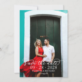 Elegantes Kalligrafisches Weißtext-Foto Save the D Einladung