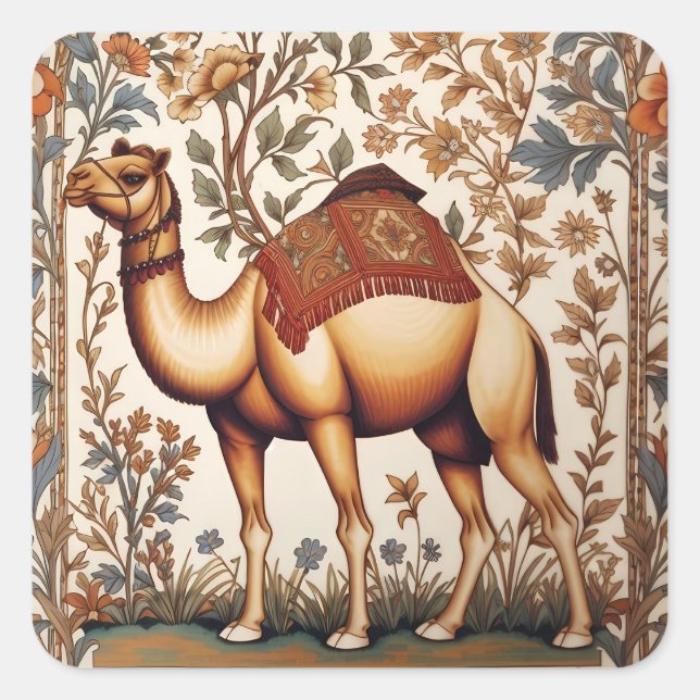Elegantes Kamel William Morris Inspiriert Floral Quadratischer Aufkleber (Vorderseite)