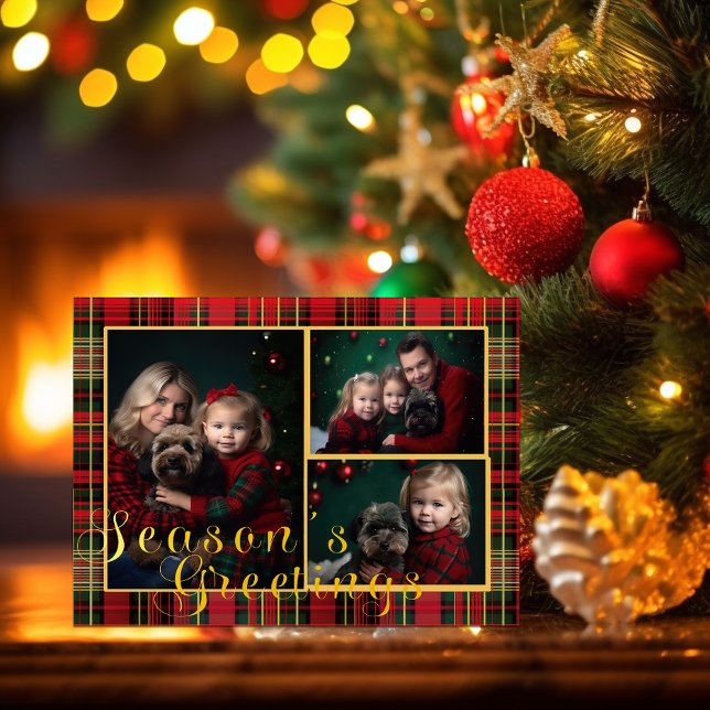 Elegantes Kariertes Foto Rot und Grün Weihnachten (Christmas Tartan Plaid Red and Green Photo Card)