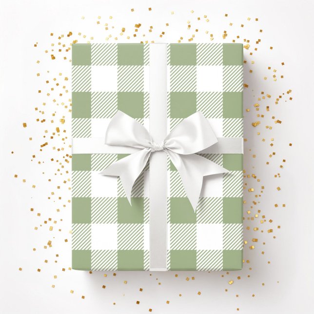 Elegantes Kariertes Muster im Grünen Geschenkpapier (Sage Green White Plaid Pattern Wrapping Paper)