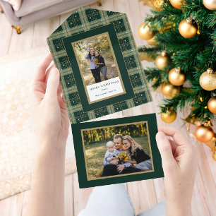 Elegantes kariertes Weihnachtsfoto in Grün und Gol All In One Einladung