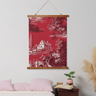 Elegantes Karmesinrot Toile - Französische Landmot Wandteppich Mit Holzrahmen