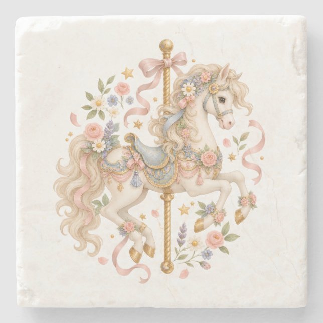 Elegantes Karussellpferd Französisches Märchen Steinuntersetzer (Vorderseite)