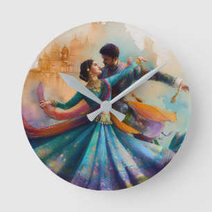 ✨Elegantes Kathak-Paartanz-Wasserfarben-Kunstwerk Runde Wanduhr