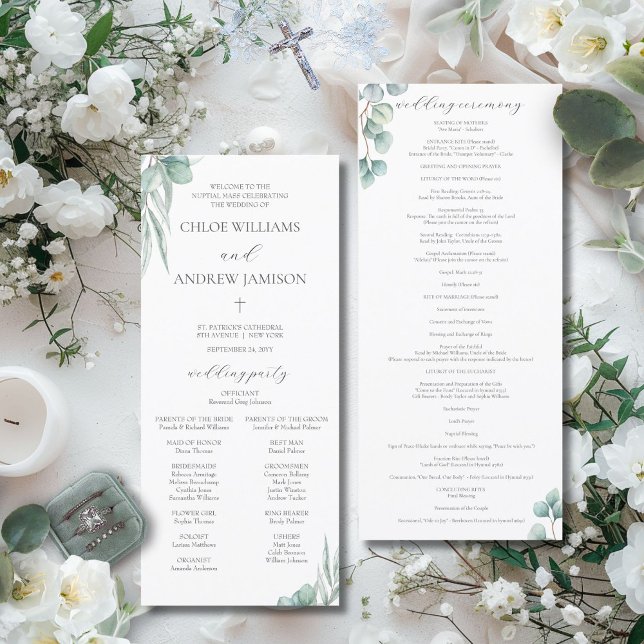 Elegantes katholische Hochzeitsmesse-Programm mit  (The elegant Chloe Catholic wedding program features watercolor greenery and white flowers)