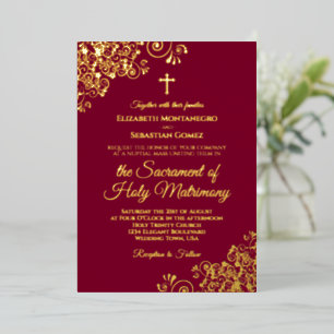 Elegantes katholisches Hochzeitburgund & Gold Folieneinladung
