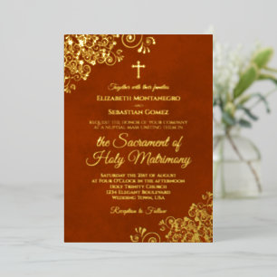 Elegantes katholisches Hochzeitsrost Orange & Gold Folieneinladung