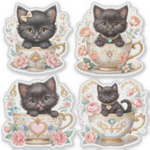 Elegantes Kätzchen in Teetasse Aufkleber - Florale