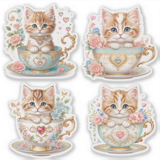 Elegantes Kitten in Teacup Stickers - Blumendesign Aufkleber (Vorderseite)