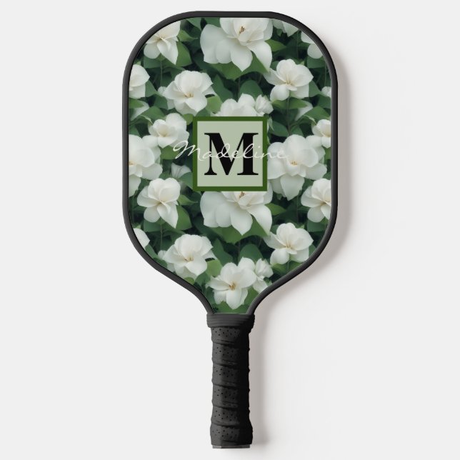 Elegantes klassisch grünes botanisches weißes Blum Pickleball Schläger (Vorderseite)