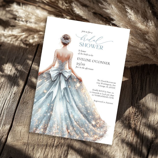 Elegantes klassisches Blau Glitzern Hochzeitskleid Einladung (Elegant classic blue sparkles wedding gown floral invitation)