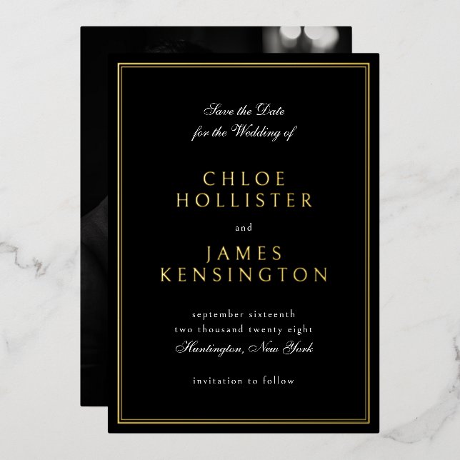 Elegantes klassisches formales Schwarzes Foto Hoch Folieneinladung (Vorderseite/Rückseite)