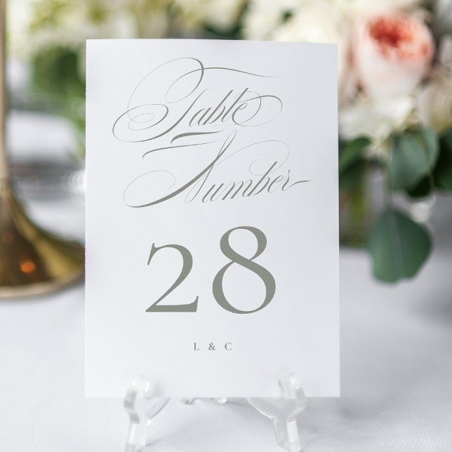 Elegantes klassisches Grau auf weißer kalligrafisc Tischnummer (Von Creator hochgeladen)