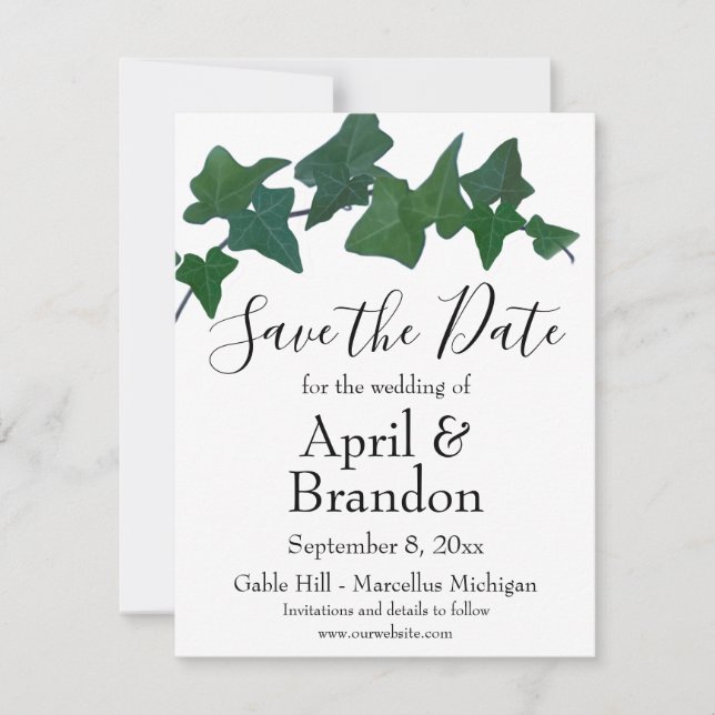Elegantes klassisches Green English Ivy Skript Save The Date (Vorderseite)