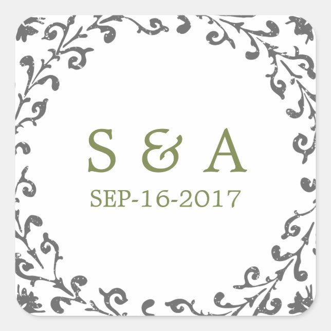 Elegantes klassisches Oldtimer-Hochzeitsmonogramm Quadratischer Aufkleber (Vorderseite)