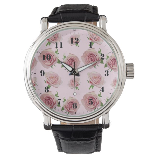 Elegantes klassisches Rosenmuster Blume Armbanduhr (Vorderseite)