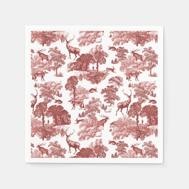 Elegantes, klassisches Rotwein-Toile-Deer-Muster Serviette (Vorderseite)