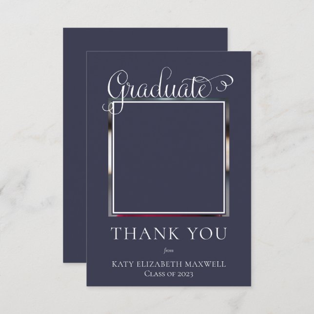 Elegantes, klassisches Script Graduate Foto Blue Dankeskarte (Vorne/Hinten)