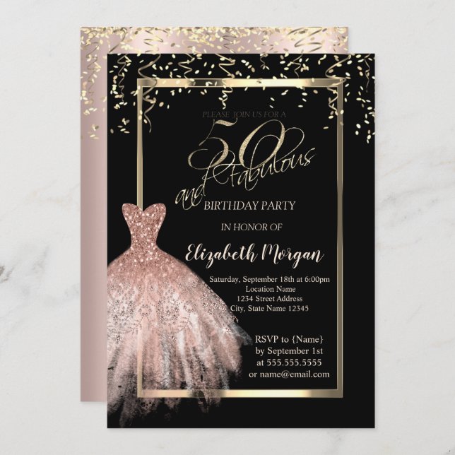 Elegantes Kleid, Confetti Rose Gold 50. Geburtstag Einladung (Vorne/Hinten)