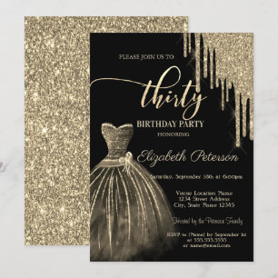 Elegantes Kleid, goldene Glittertropfen 30. Geburt Einladung
