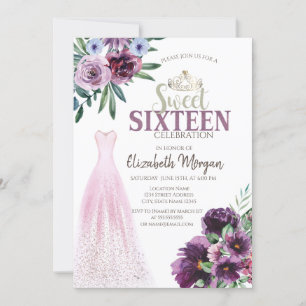 Elegantes Kleid, lila Blumen Sweet 16 Einladung
