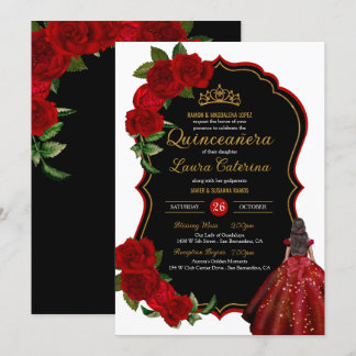 Elegantes Kleid Quinceanera Rote Rosen Schwarz und Einladung