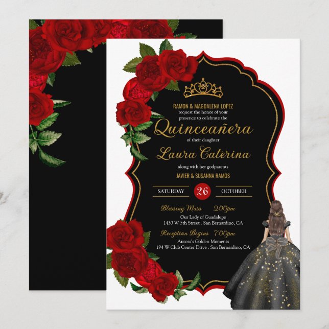 Elegantes Kleid Quinceanera Rote Rosen Schwarz und Einladung (Vorne/Hinten)