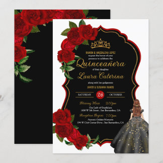 Elegantes Kleid Quinceanera Rote Rosen Schwarz und Einladung