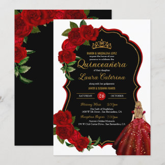 Elegantes Kleid Quinceanera Rote Rosen Schwarz und Einladung
