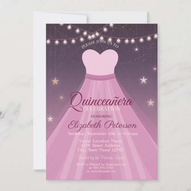 Elegantes Kleid, String Lights Quinceñera Einladung (Vorderseite)