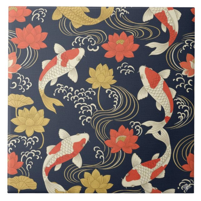 Elegantes Koi-Fisch- und Lotus-Muster Fliese (Vorderseite)