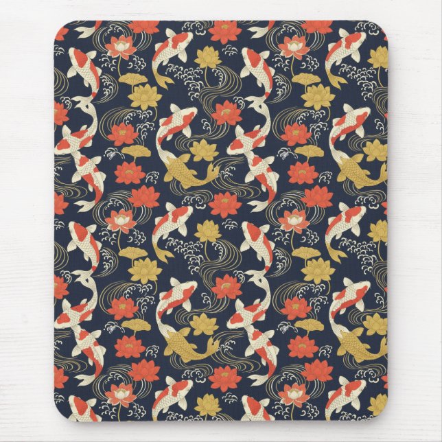 Elegantes Koi-Fisch- und Lotus-Muster Mousepad (Vorne)