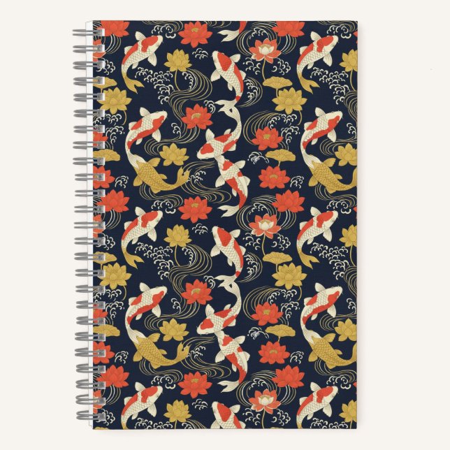 Elegantes Koi-Fisch- und Lotus-Muster Notizbuch (Vorderseite)