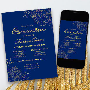 Elegantes königliches Blau Gold Skizze Floral Quin Einladung