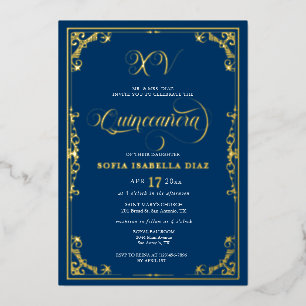 Elegantes königsblaues Quinceañera Gold oder Silbe Folieneinladung
