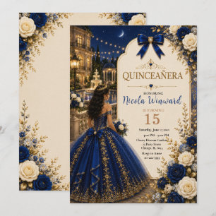 Elegantes königsblaues und goldenes Quince Einladung