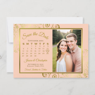Elegantes Korallen-Pfirsich- und Gold-Kalender-Fot Save The Date