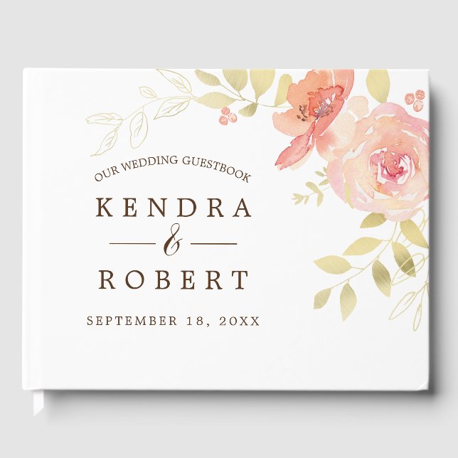 Elegantes Korallenriff Rosa Rose & Gold Hochzeit Gästebuch (Vorderseite)