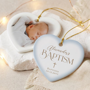 Elegantes Kreuz Baby Boy Taufe Blaues Herz Foto Keramik Ornament
