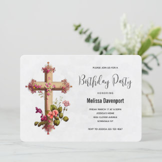 Elegantes Kreuz mit rosa Blumen zum Geburtstag Einladung