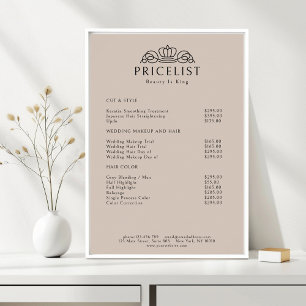 Elegantes Kronen-Logo Hellbraune Salon-Preisliste Poster