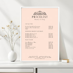 Elegantes Kronen-Logo Pfirsich-Salon-Preisliste Poster