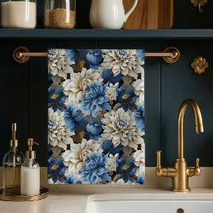 Elegantes Küchenhandtuch Chic Blau Elfenbein Flora Geschirrtuch