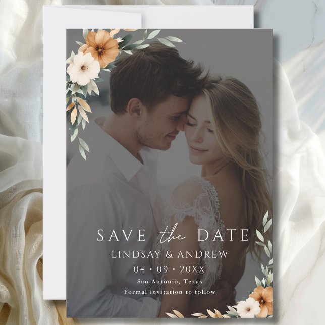 Elegantes Kupfer-Erden-Botanik-Foto Save The Date (Elegant Copper Earthy Botanical Photo Save The Date)