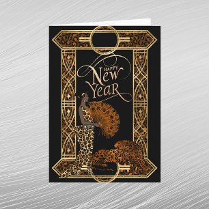 Elegantes Kupfer-Gold-Leopard-Dame Art Deco Neujah Feiertagskarte