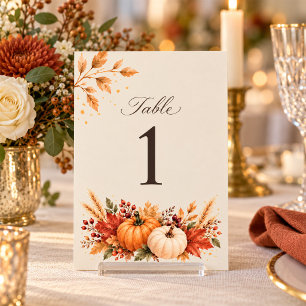 Elegantes Kürbis-Herbst-Hochzeitstisch-Schild Tischnummer