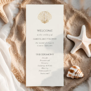 Elegantes Küsten-Gold-Muschel-Hochzeitsprogramm