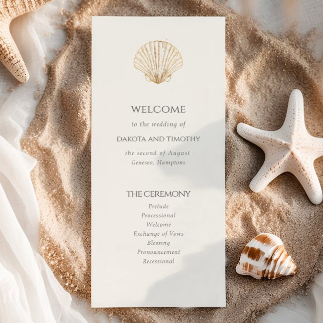 Elegantes Küsten-Gold-Muschel-Hochzeitsprogramm (Von Creator hochgeladen)